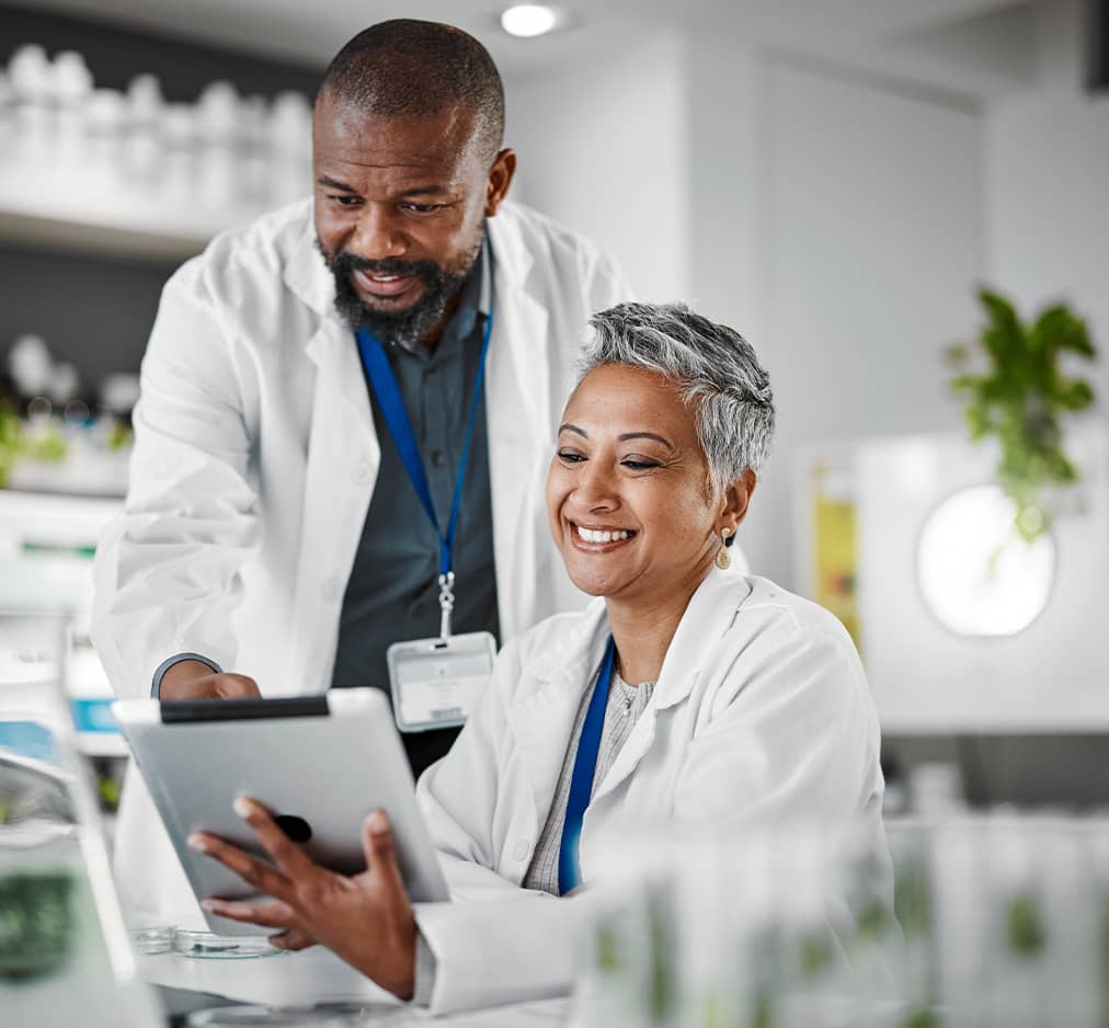 Teamwork, people or tablet in biology laboratory, science collaboration or mature medical research of engineering